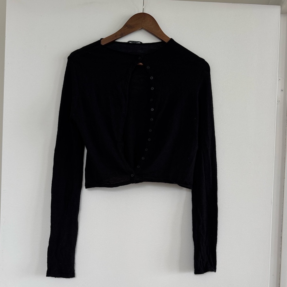 Massimo Dutti Black Long Sleeve Button-Down Crop Top